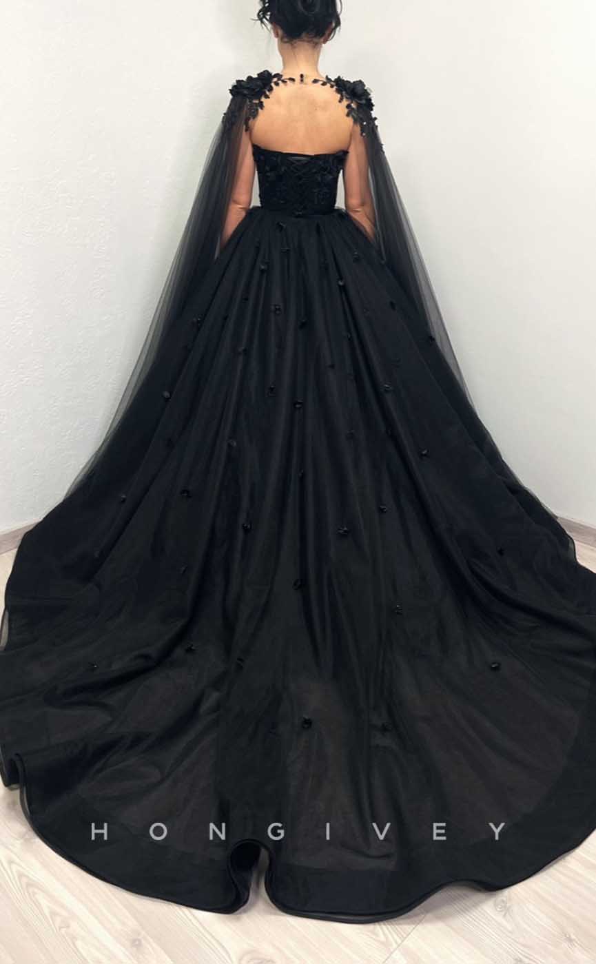 L2005 - Sexy A-Line Satin Sweetheart Empire Appliques Floral With Train Party Prom Evening Dress - Fashionpara