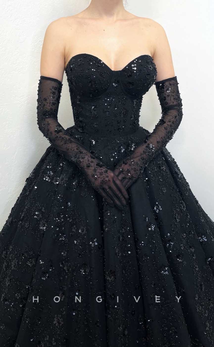 L2006 - Sexy A-Line Satin Sweetheart Strapless Empire Appliques Beaded Gloves Party Prom Evening Dress - Fashionpara