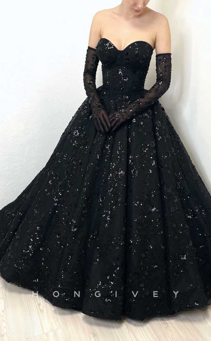 L2006 - Sexy A-Line Satin Sweetheart Strapless Empire Appliques Beaded Gloves Party Prom Evening Dress - Fashionpara