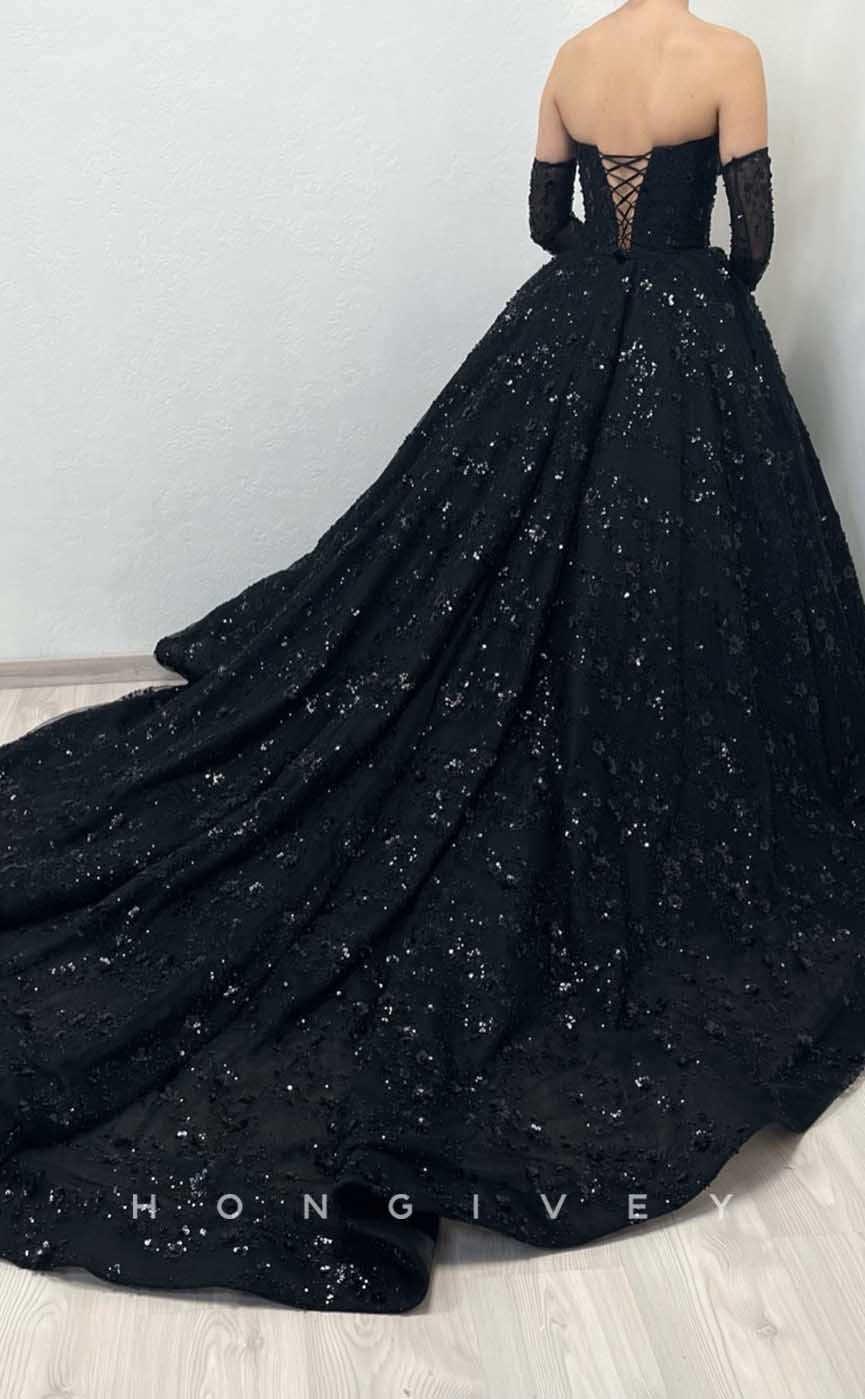 L2006 - Sexy A-Line Satin Sweetheart Strapless Empire Appliques Beaded Gloves Party Prom Evening Dress - Fashionpara