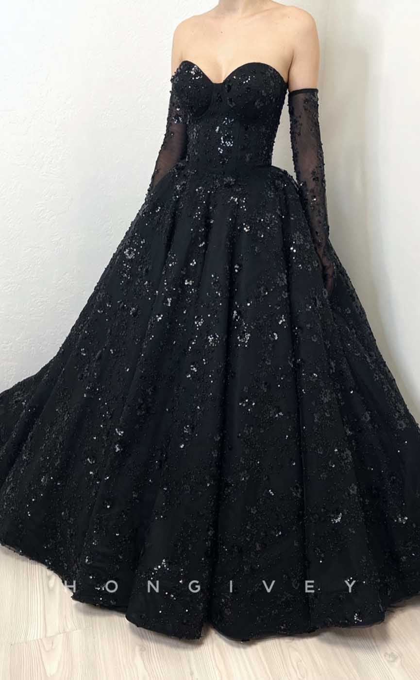 L2006 - Sexy A-Line Satin Sweetheart Strapless Empire Appliques Beaded Gloves Party Prom Evening Dress - Fashionpara
