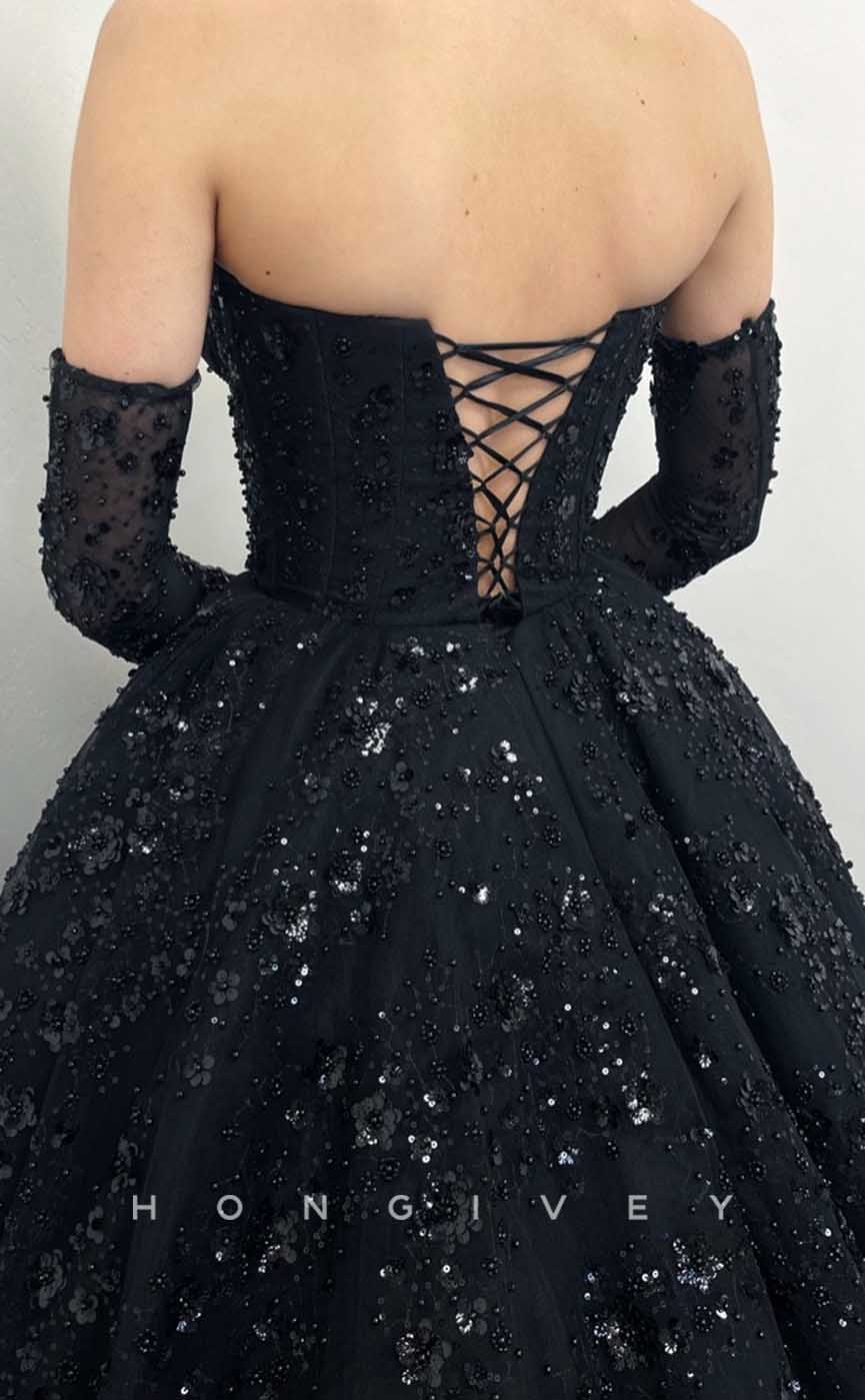 L2006 - Sexy A-Line Satin Sweetheart Strapless Empire Appliques Beaded Gloves Party Prom Evening Dress - Fashionpara