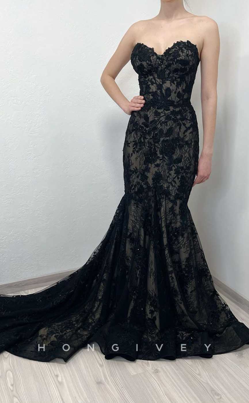 L2008 - Sexy Lace Trumpt Sweetheart Strapless Empire Appliques 3/4 Sleeves Party Prom Evening Dress - Fashionpara