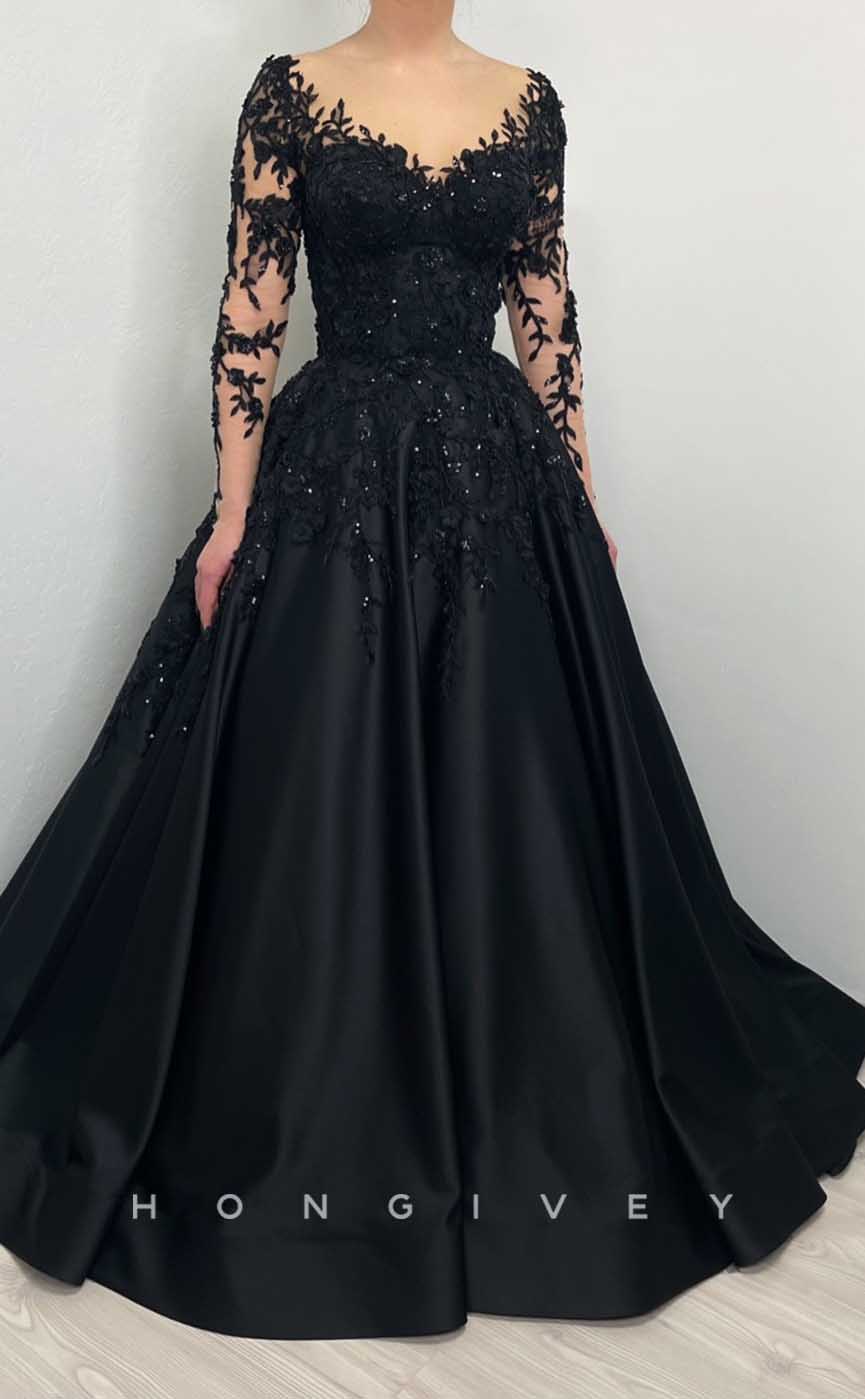 L2007 - Sexy Satin A-Line V-Neck Lace Long Sleeve Empire Beaded Appliques Party Prom Evening Dress - Fashionpara