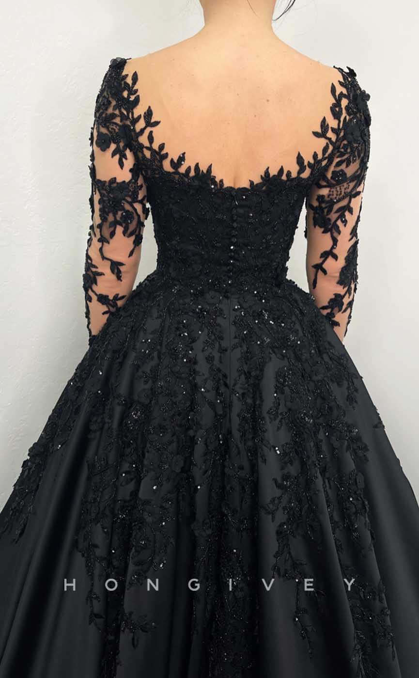 L2007 - Sexy Satin A-Line V-Neck Lace Long Sleeve Empire Beaded Appliques Party Prom Evening Dress - Fashionpara