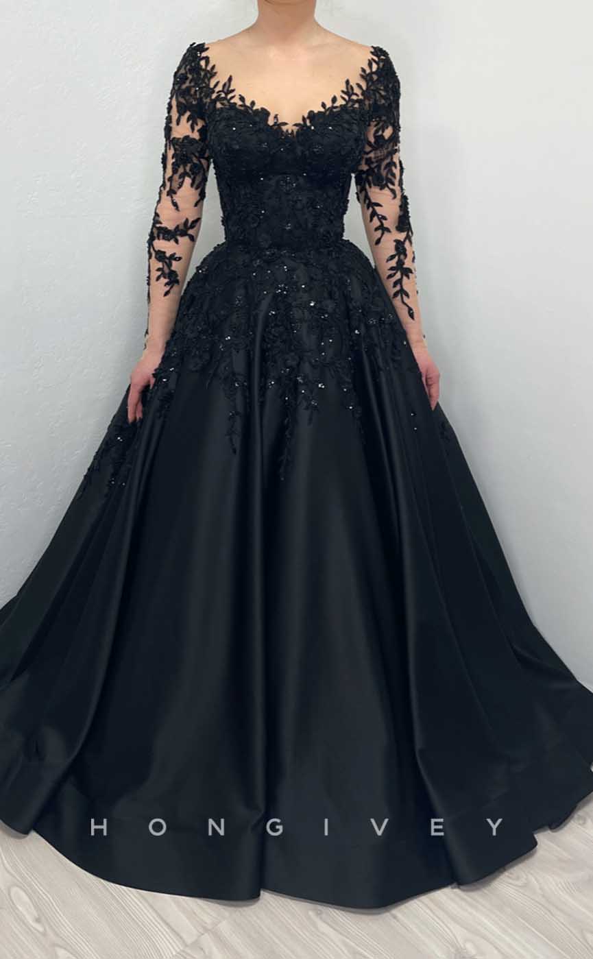 L2007 - Sexy Satin A-Line V-Neck Lace Long Sleeve Empire Beaded Appliques Party Prom Evening Dress - Fashionpara