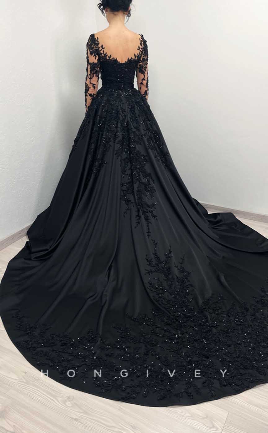 L2007 - Sexy Satin A-Line V-Neck Lace Long Sleeve Empire Beaded Appliques Party Prom Evening Dress - Fashionpara