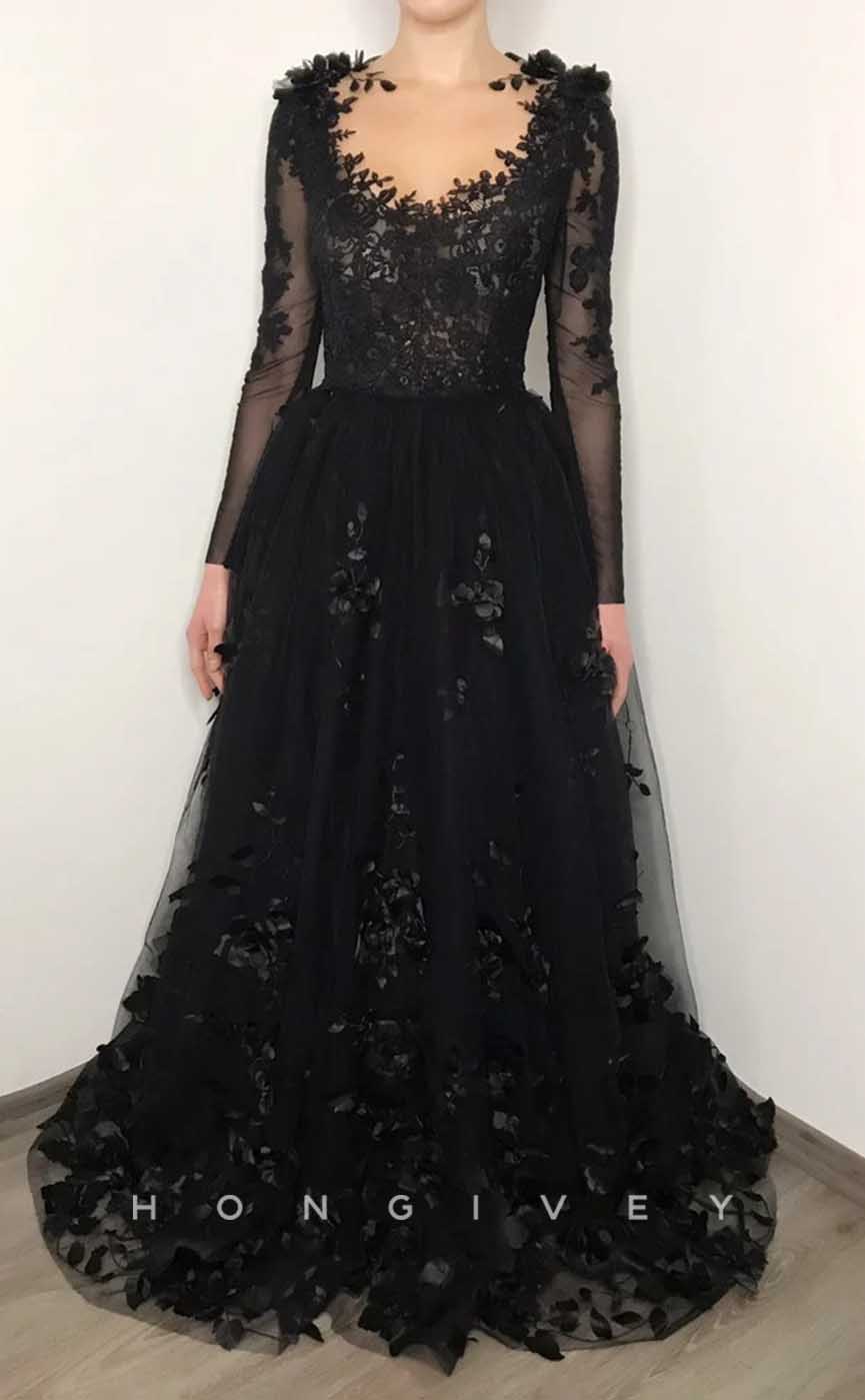L2009 - Sexy A-Line Scoop Empire Lace Long Sleeve Beaded Floral Appliques Party Prom Evening Dress - Fashionpara
