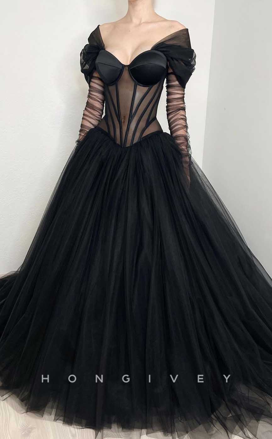 L2010 - Sexy Tulle A-Line Off-Shoulder Lace Long Sleeve Illusion With Train Party Prom Evening Dress - Fashionpara
