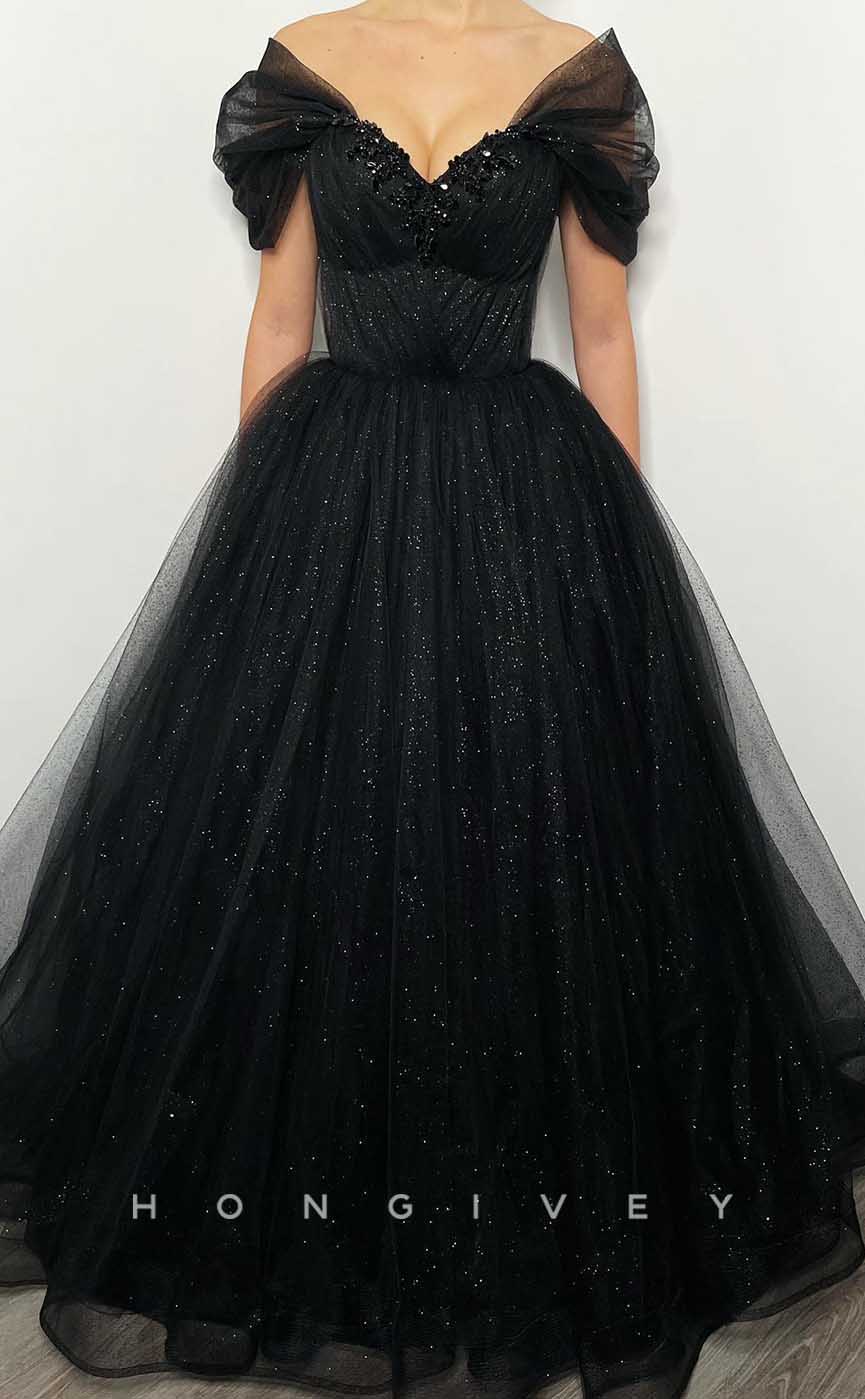 L2012 - Sexy Glitter A-Line Off-Shoulder Empire Beaded Floor-Length Party Prom Evening Dress - Fashionpara