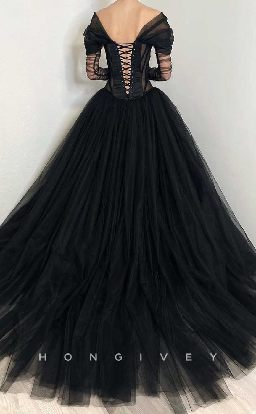 L2010 - Sexy Tulle A-Line Off-Shoulder Lace Long Sleeve Illusion With Train Party Prom Evening Dress - Fashionpara