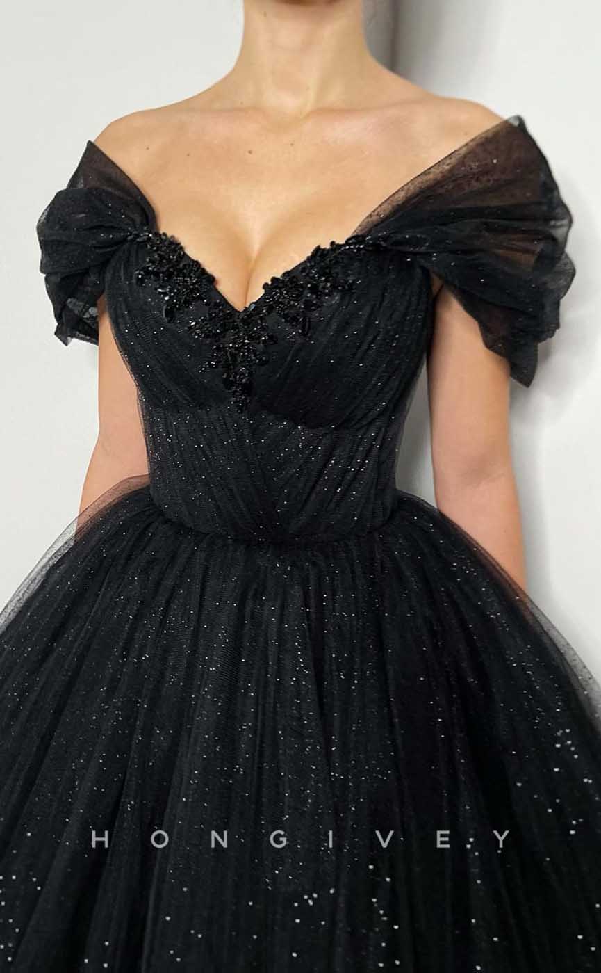L2012 - Sexy Glitter A-Line Off-Shoulder Empire Beaded Floor-Length Party Prom Evening Dress - Fashionpara