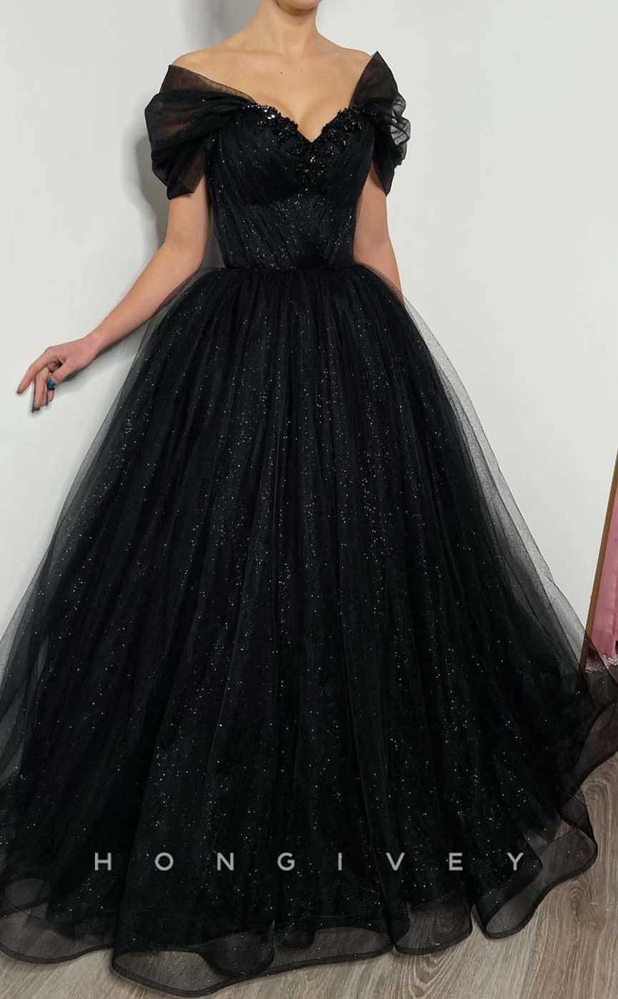 L2012 - Sexy Glitter A-Line Off-Shoulder Empire Beaded Floor-Length Party Prom Evening Dress - Fashionpara