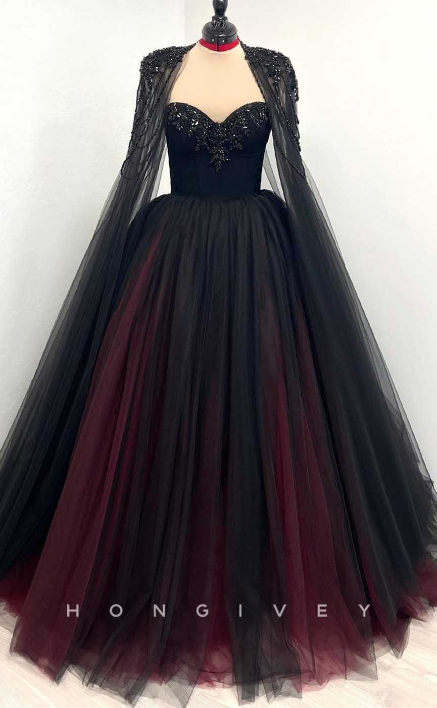 L2014 - Sexy Tulle A-Line Sweetheart With Detachable Bolero Empire Beaded With Train Party Prom Evening Dress - Fashionpara