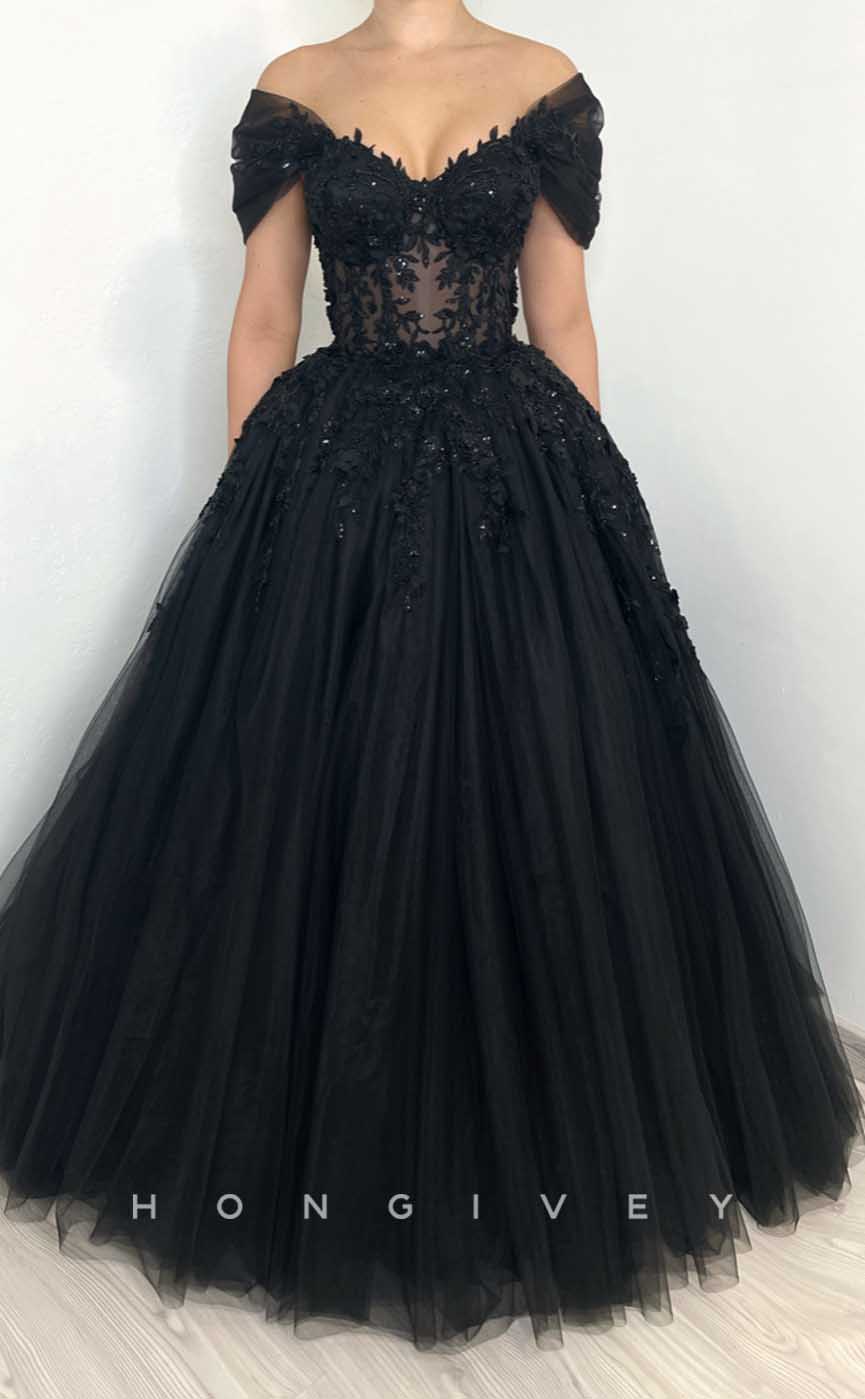 L2015 - Sexy Tulle A-Line Off-Shoulder Empire Illusion Beaded Appliques Party Prom Evening Dress - Fashionpara