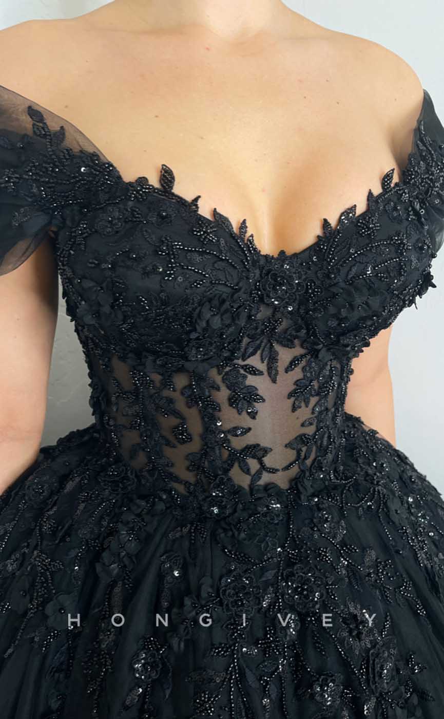 L2015 - Sexy Tulle A-Line Off-Shoulder Empire Illusion Beaded Appliques Party Prom Evening Dress - Fashionpara