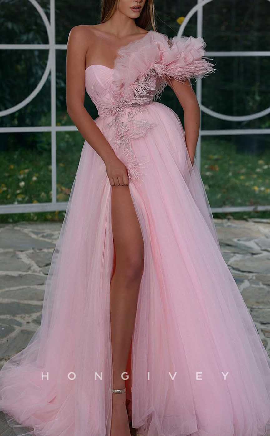 L2018 - Sexy Tulle A-Line Sweetheart Strapless Empire Floral Embossed With Side Slit Party Prom Evening Dress - Fashionpara