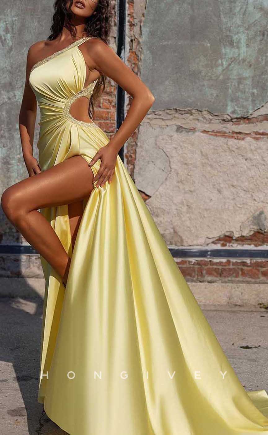 L2019 - Sexy Satin A-Line One Shoulder Empire Illusion Beaded Ruched With Side Slit Party Prom Evening Dress - Fashionpara