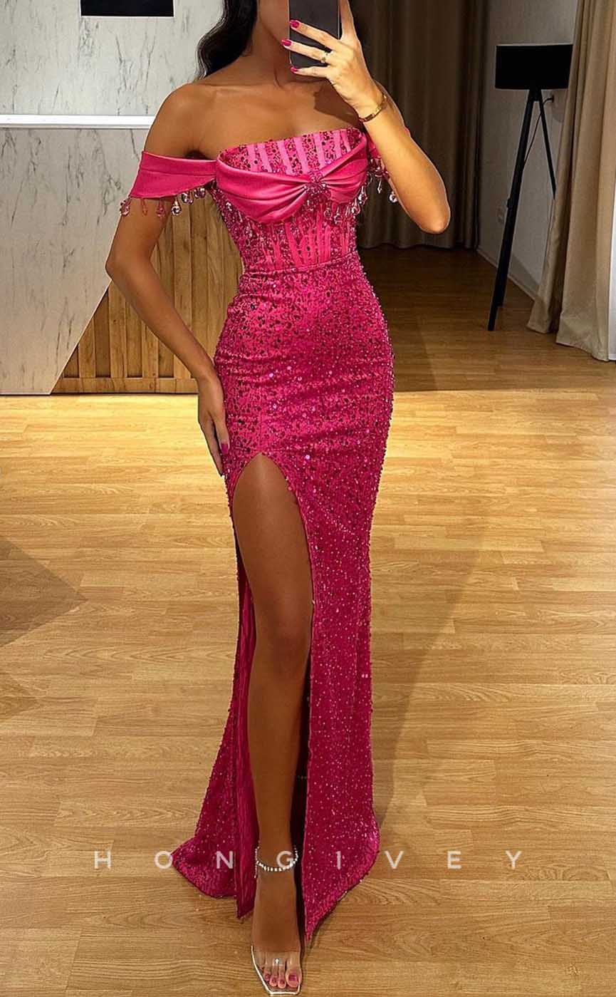L2028 - Sexy Satin Fitted Off-Shoulder Empire Sequined Floor-Length With Side Slit Party Prom Evening Dress - Fashionpara