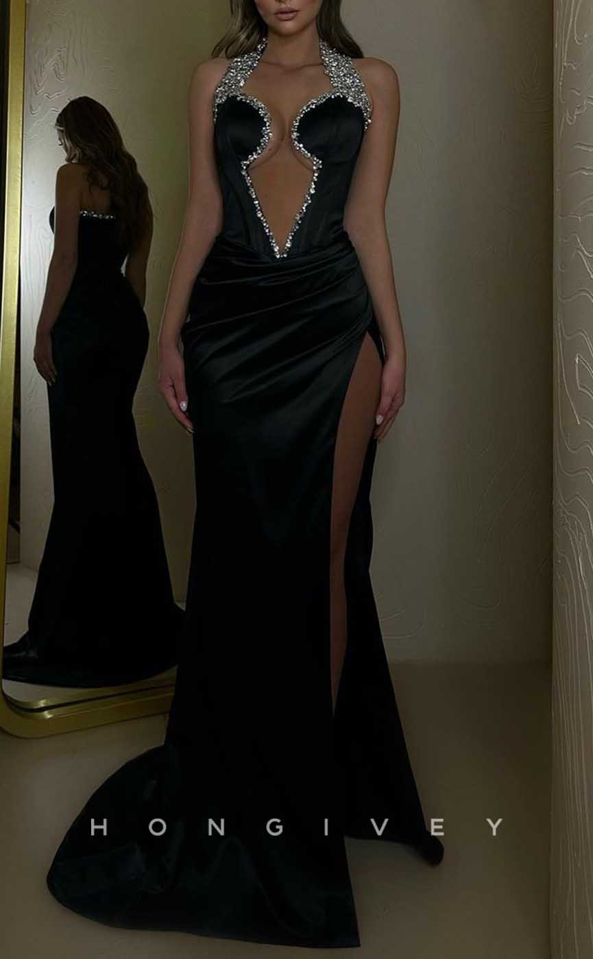 L2031 - Sexy Satin Fitted Halter Illusion Empire Beaded With Side Slit Train Party Prom Evening Dress - Fashionpara
