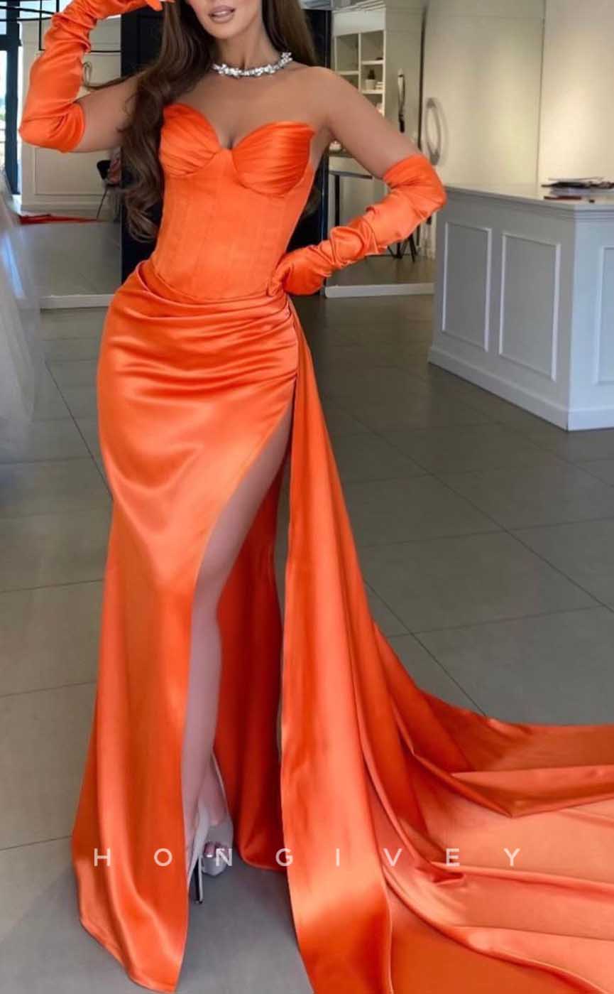 L2035 - Sexy Satin Fitted Sweetheart Strapless Empire Ruched With Side Slit Train Party Prom Evening Dress - Fashionpara
