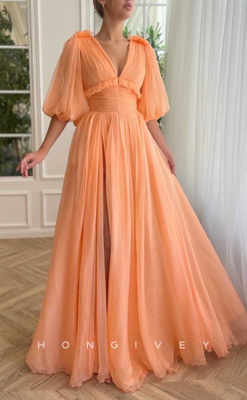 L2037 - Sexy Tulle A-Line V-Neck Puff Sleeves Floral Empire With Side Slit Party Prom Evening Dress - Fashionpara