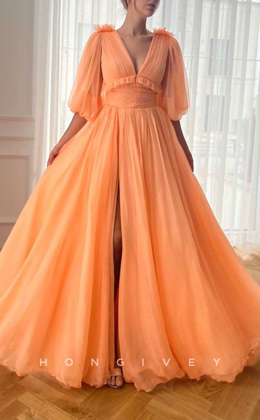 L2037 - Sexy Tulle A-Line V-Neck Puff Sleeves Floral Empire With Side Slit Party Prom Evening Dress - Fashionpara