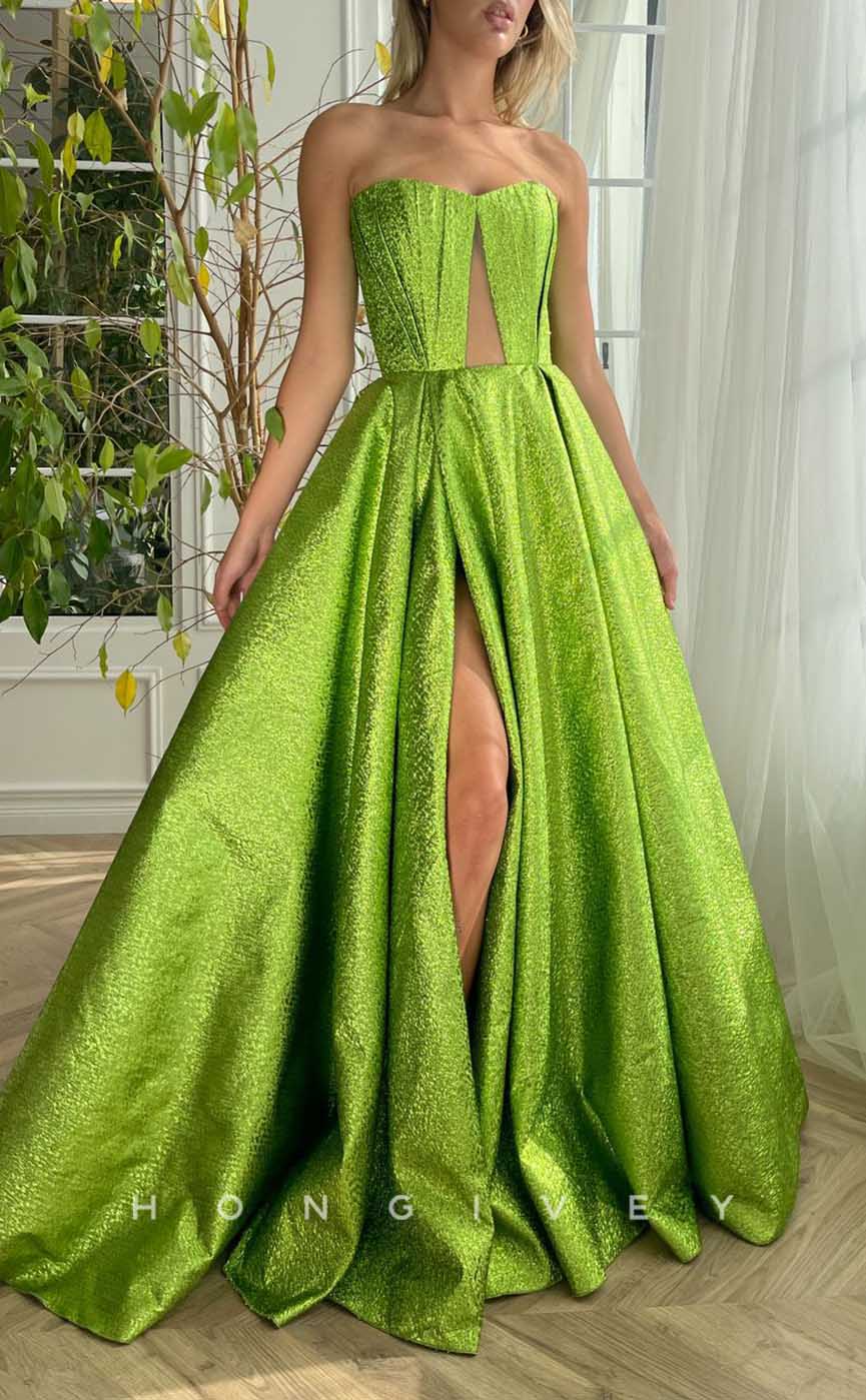 L2039 - Sexy Satin A-Line Sweetheart Strapless Empire With Side Slit Train Party Prom Evening Dress - Fashionpara