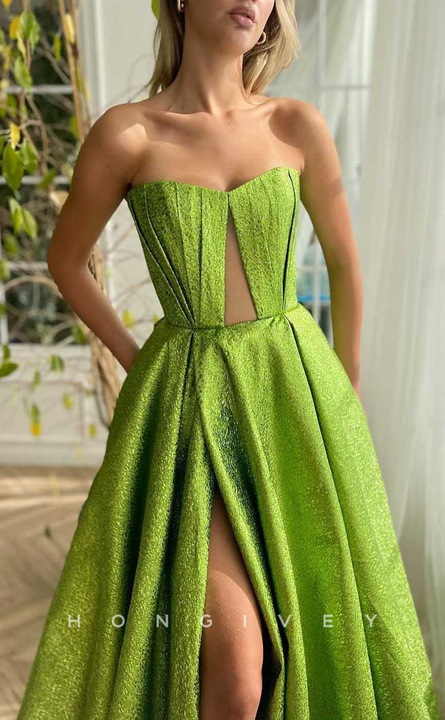 L2039 - Sexy Satin A-Line Sweetheart Strapless Empire With Side Slit Train Party Prom Evening Dress - Fashionpara