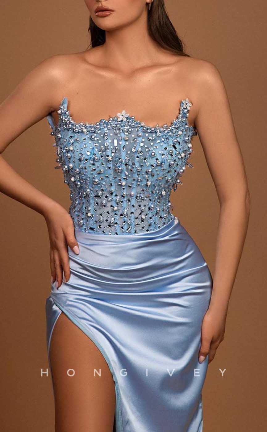 L2049 - Sexy Satin Fitted Asymmetrical Strapless Empire Beaded Ruched With Side Slit Train Party Prom Evening Dress - Fashionpara