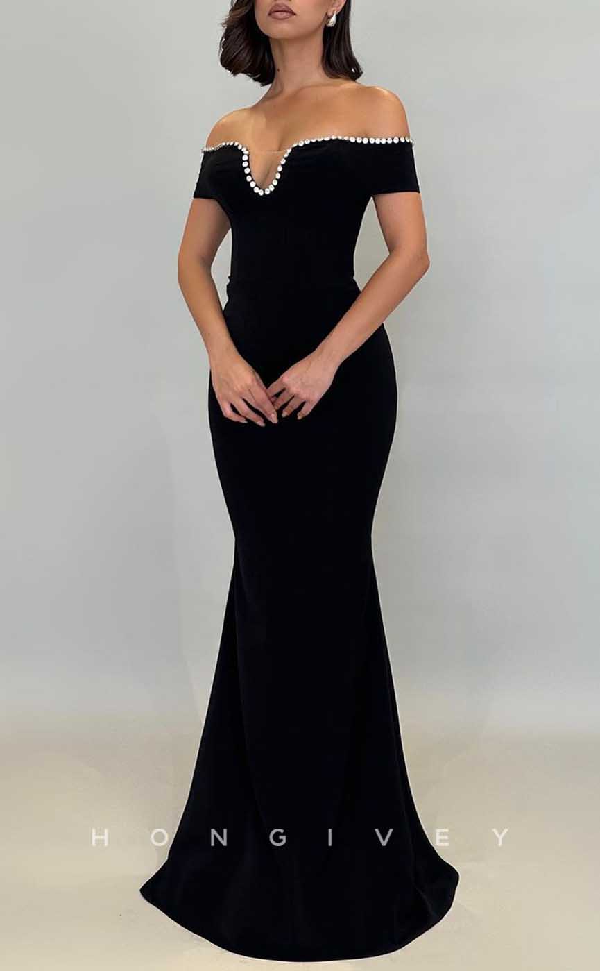 L2053 - Sexy Satin Trumpt Off-Shoulder Empire Beaded Floor-Length Party Prom Evening Dress - Fashionpara