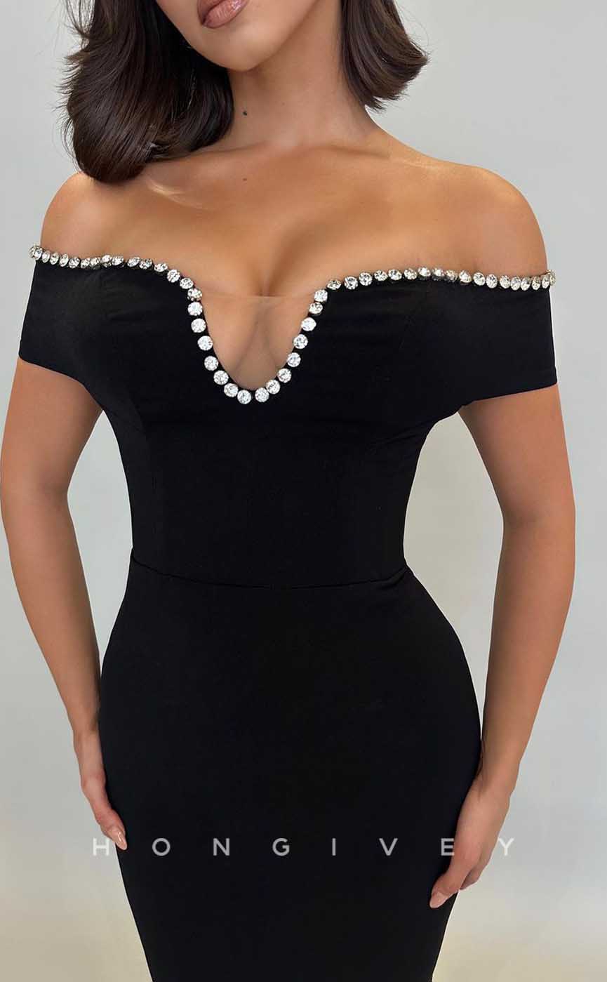 L2053 - Sexy Satin Trumpt Off-Shoulder Empire Beaded Floor-Length Party Prom Evening Dress - Fashionpara