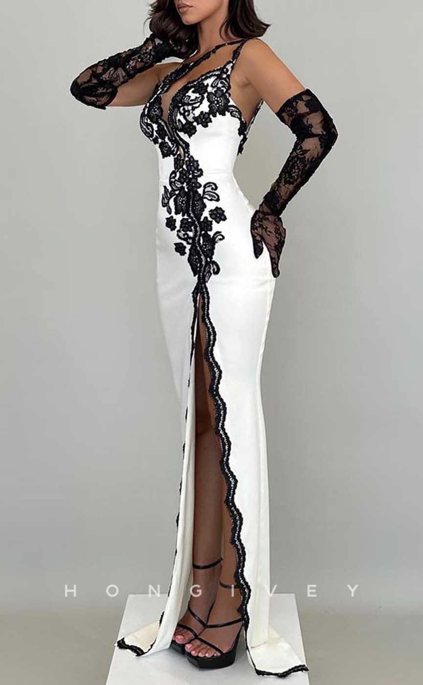 L2057 - Sexy Satin Fitted One Shoulder Illusion Empire Lace Appliques With Side Slit Party Prom Evening Dress - Fashionpara