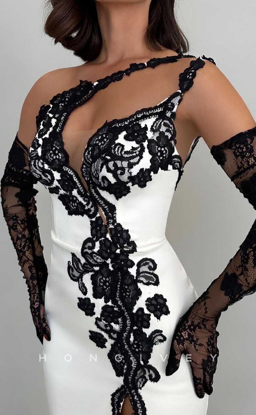 L2057 - Sexy Satin Fitted One Shoulder Illusion Empire Lace Appliques With Side Slit Party Prom Evening Dress - Fashionpara