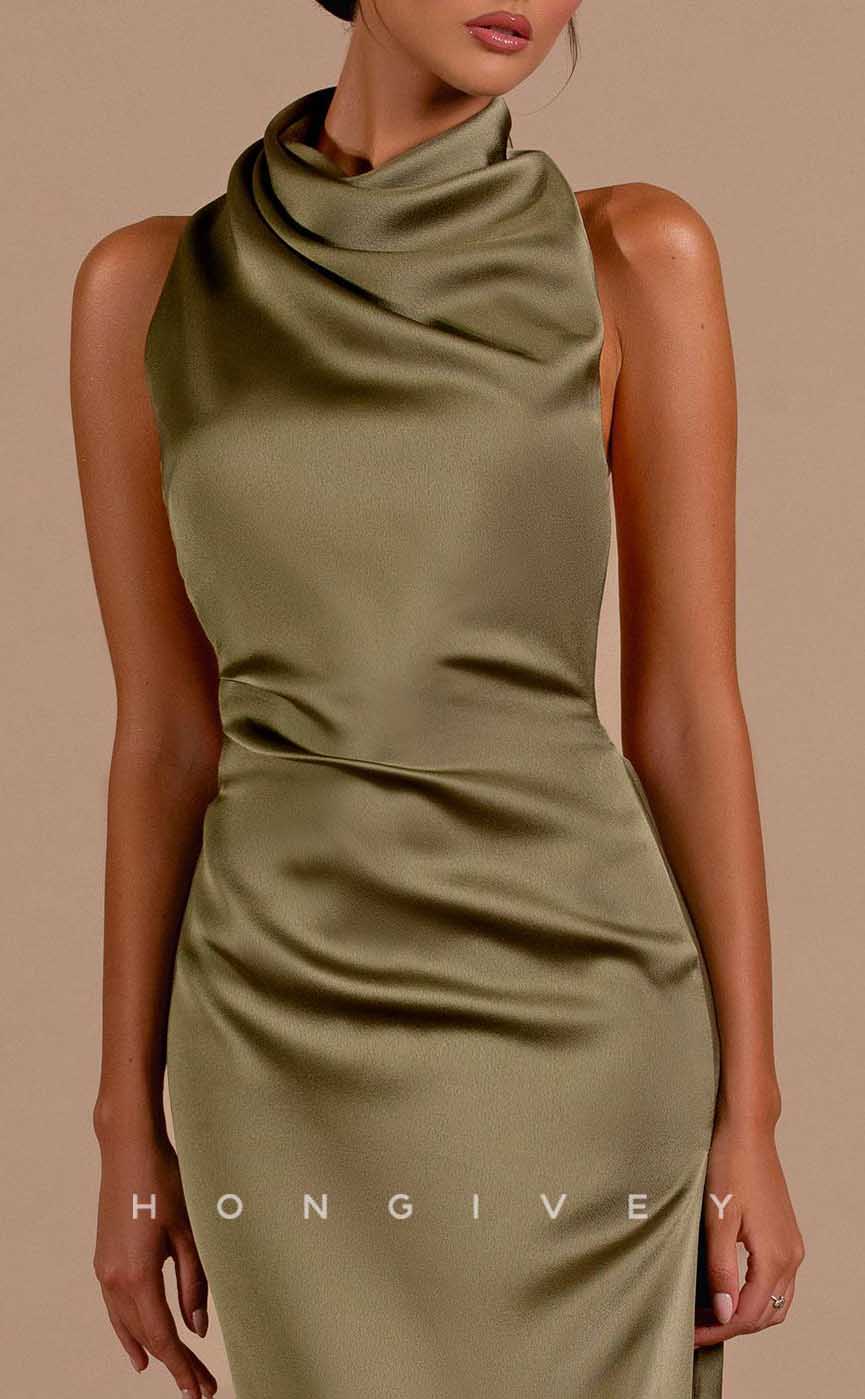 L2064 - Sexy Satin Fitted High Neck Sleeveless Empire Open Back Floor-Length Party Prom Evening Dress - Fashionpara