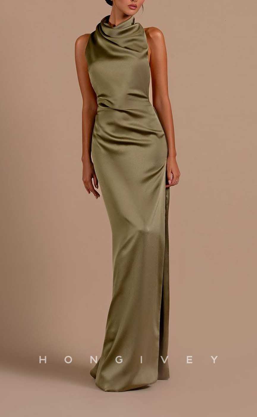 L2064 - Sexy Satin Fitted High Neck Sleeveless Empire Open Back Floor-Length Party Prom Evening Dress - Fashionpara