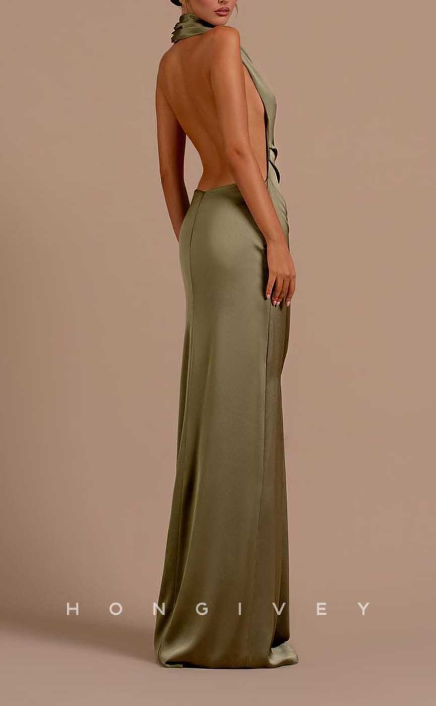 L2064 - Sexy Satin Fitted High Neck Sleeveless Empire Open Back Floor-Length Party Prom Evening Dress - Fashionpara