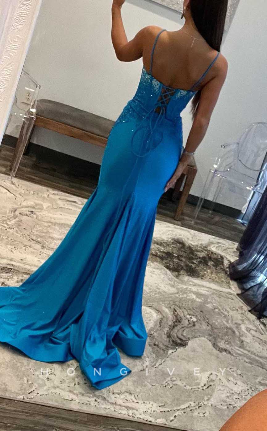 L2084 - Sexy Satin Trumpt Sweetheart Spaghetti Straps Empire Beaded Appliques With Side Slit Party Prom Evening Dress - Fashionpara