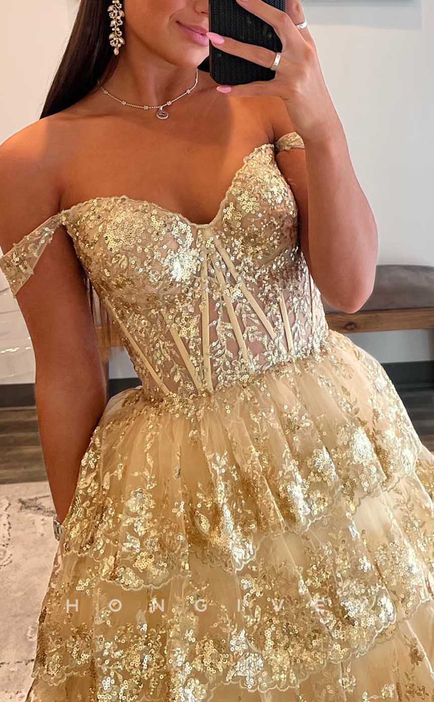 L2085 - Sexy Tulle A-Line Off-Shoulder Empire Tiered Sequined Appliques Party Prom Evening Dress - Fashionpara