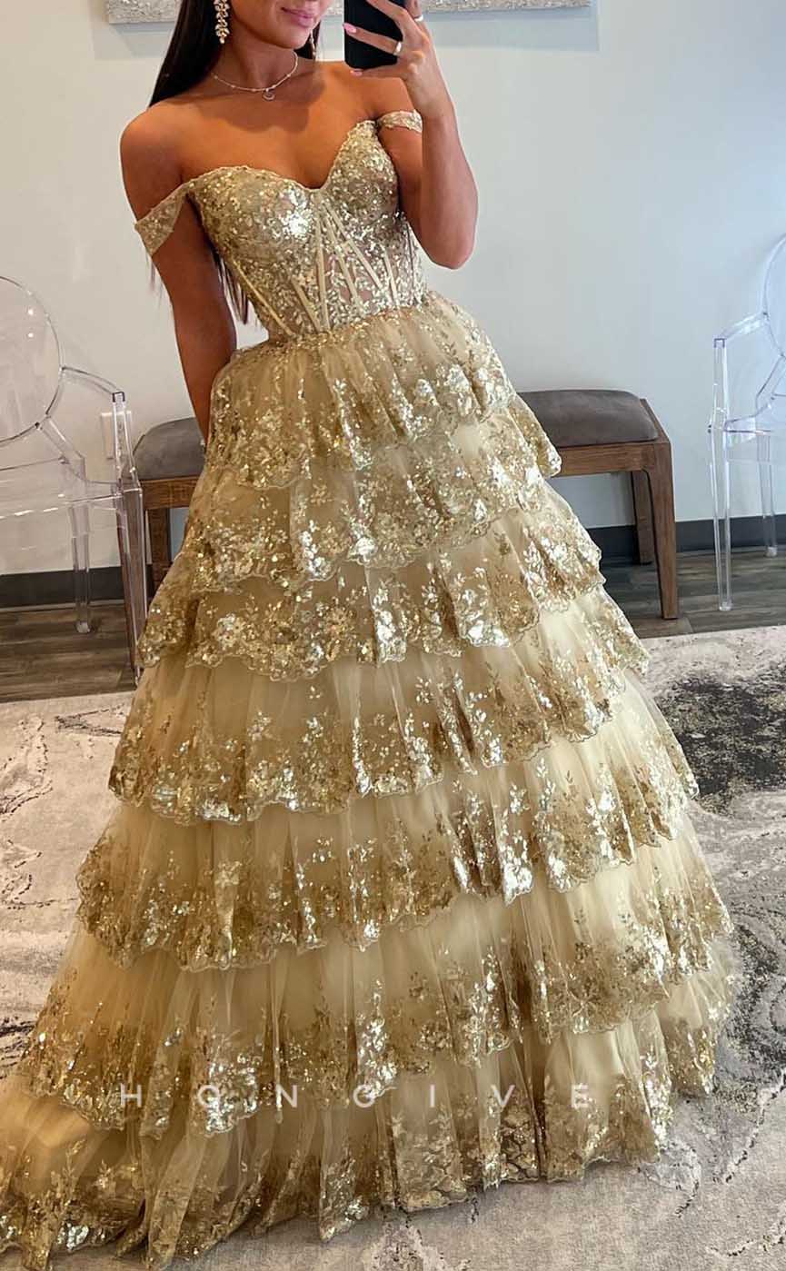 L2085 - Sexy Tulle A-Line Off-Shoulder Empire Tiered Sequined Appliques Party Prom Evening Dress - Fashionpara