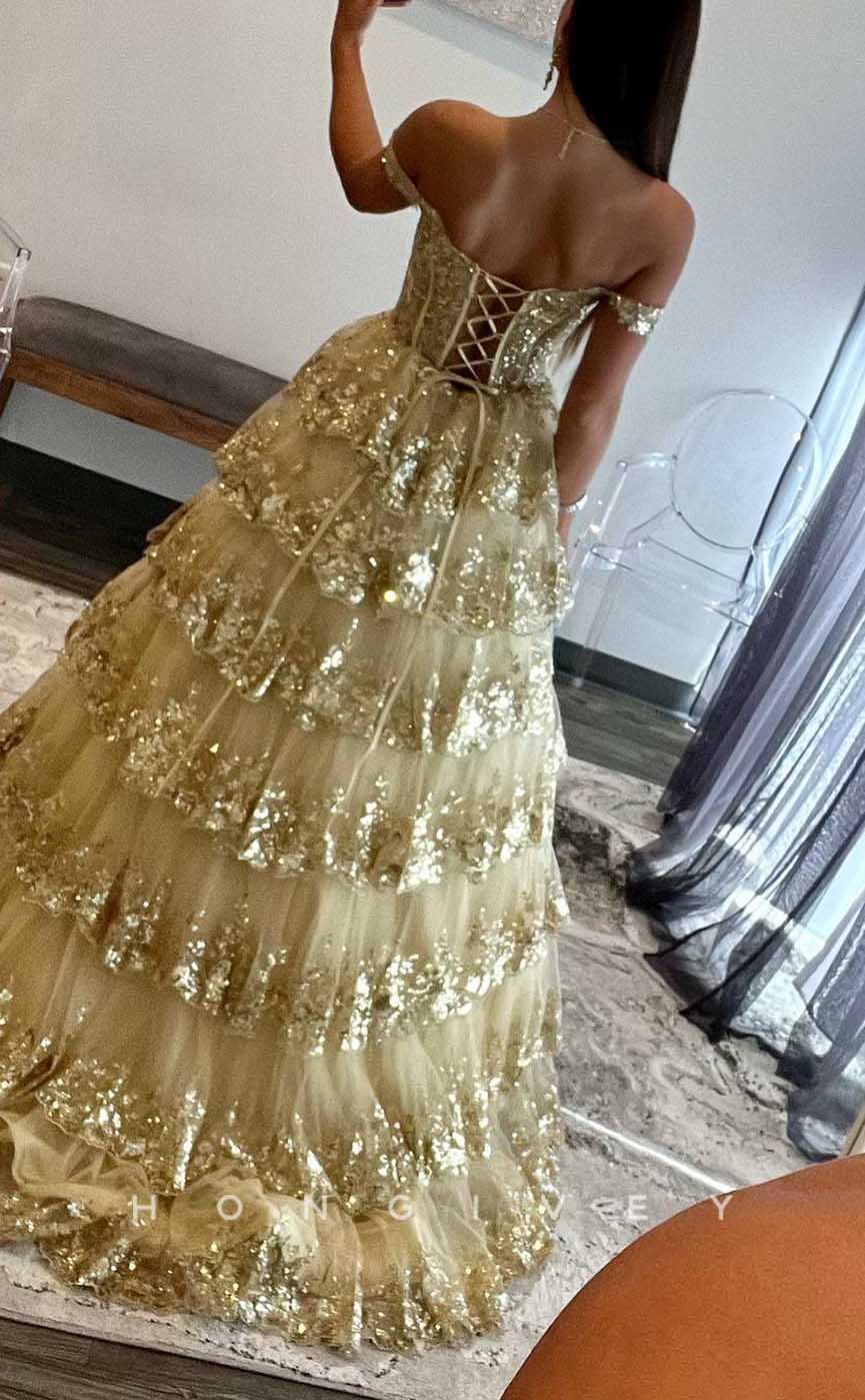 L2085 - Sexy Tulle A-Line Off-Shoulder Empire Tiered Sequined Appliques Party Prom Evening Dress - Fashionpara
