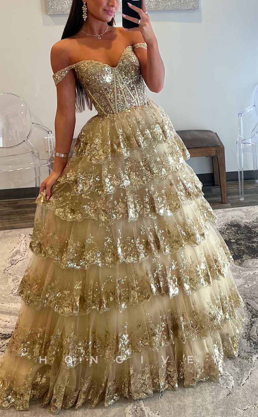 L2085 - Sexy Tulle A-Line Off-Shoulder Empire Tiered Sequined Appliques Party Prom Evening Dress - Fashionpara