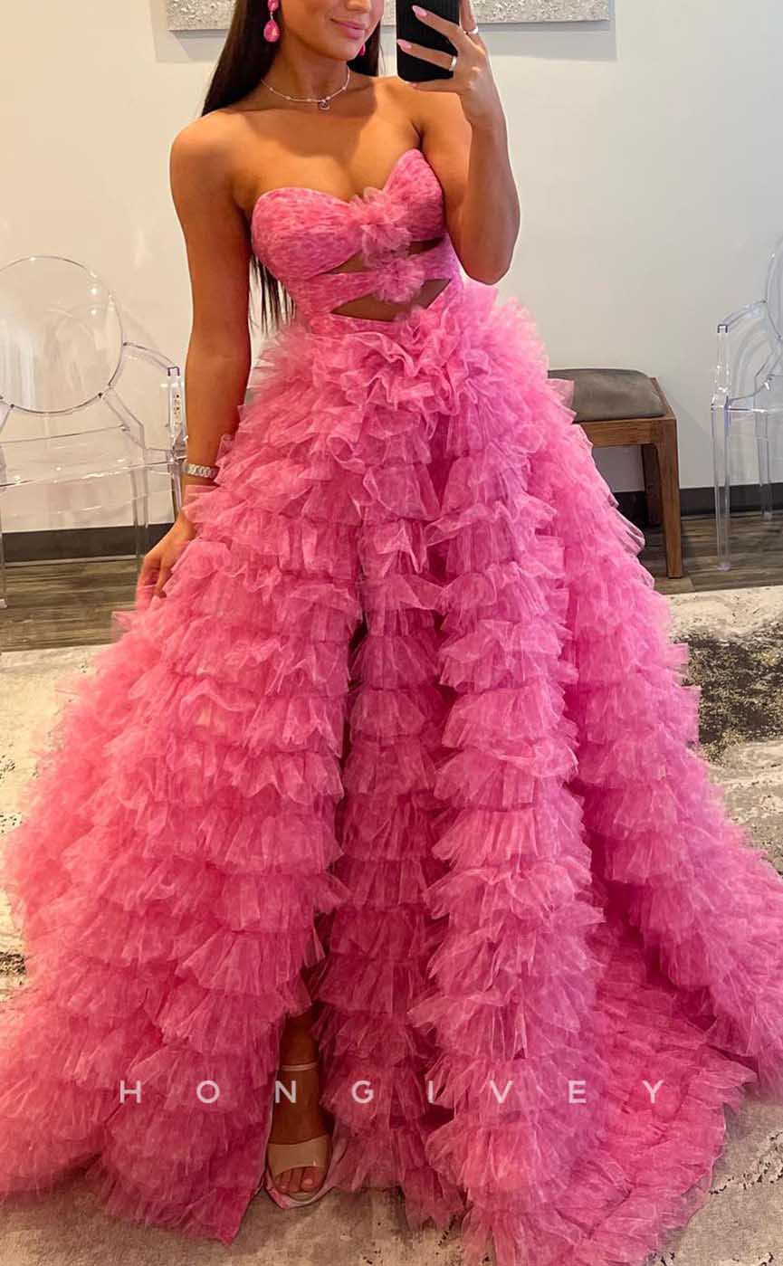 L2086 - Sexy Tulle A-Line Sweetheart Strapless Empire Illusion Tiered With Train Party Prom Evening Dress - Fashionpara