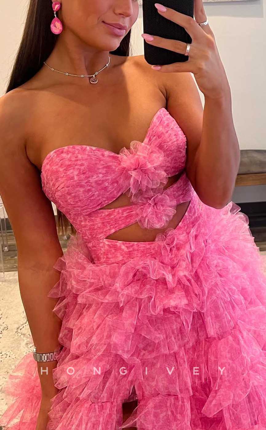 L2086 - Sexy Tulle A-Line Sweetheart Strapless Empire Illusion Tiered With Train Party Prom Evening Dress - Fashionpara