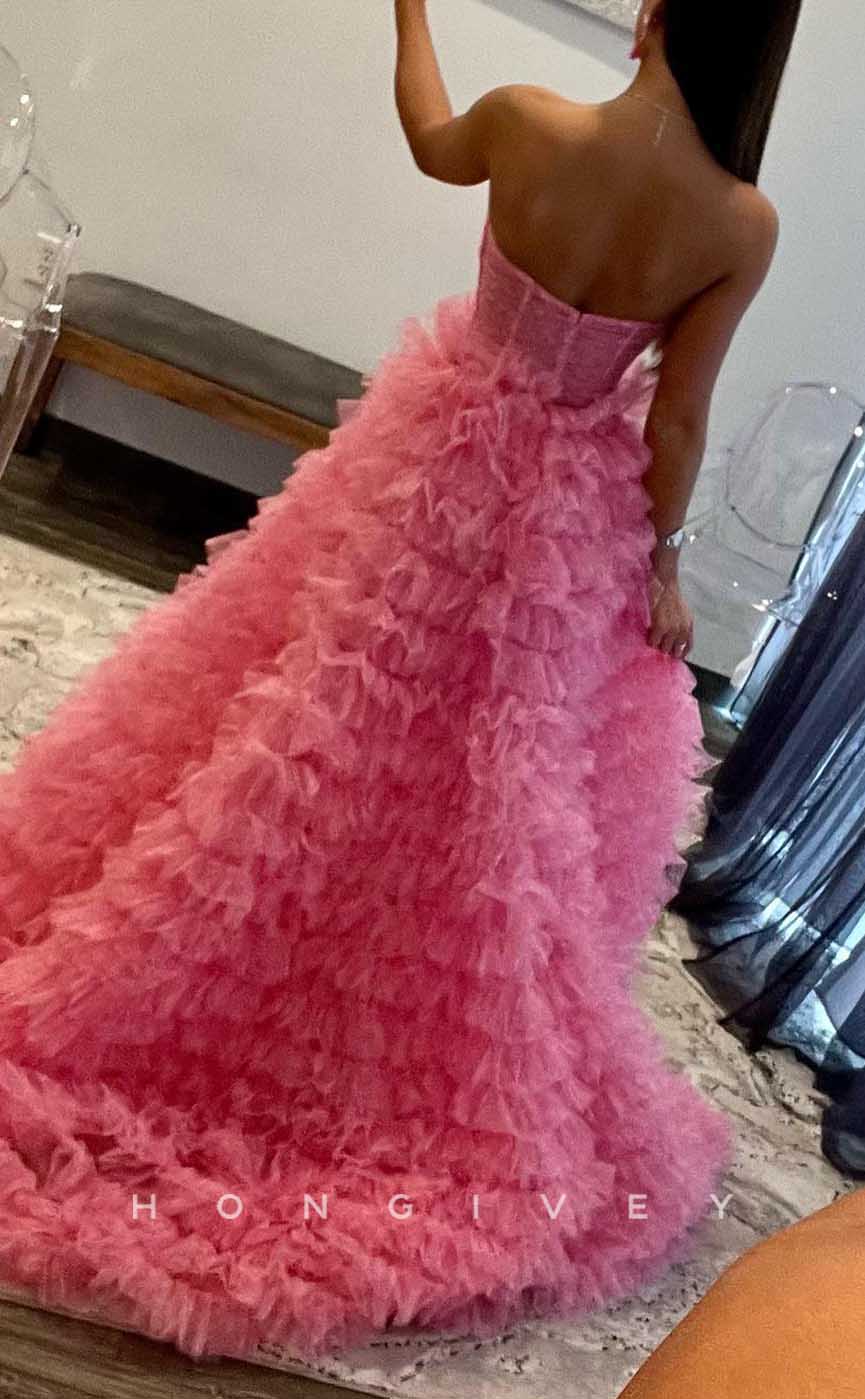 L2086 - Sexy Tulle A-Line Sweetheart Strapless Empire Illusion Tiered With Train Party Prom Evening Dress - Fashionpara