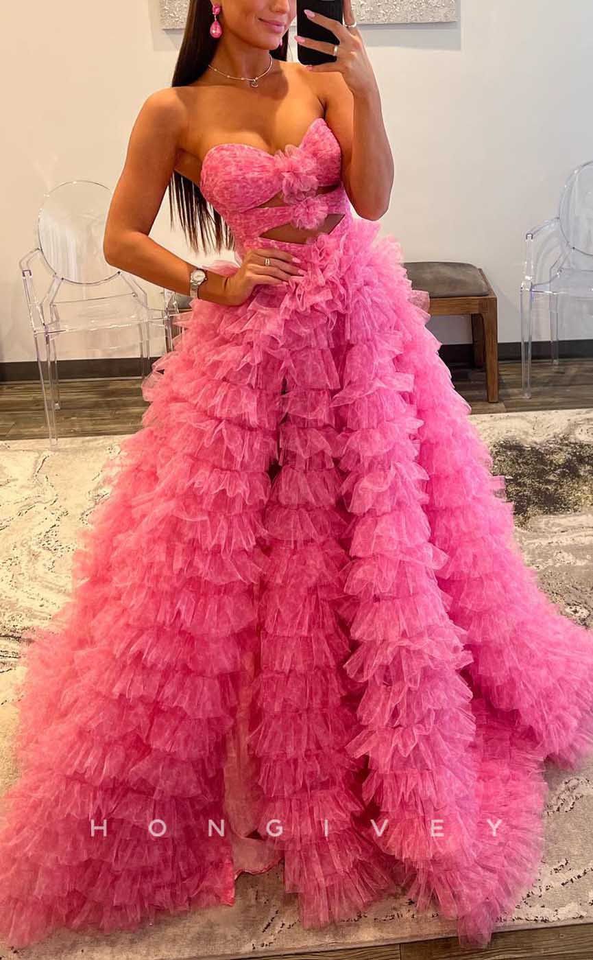 L2086 - Sexy Tulle A-Line Sweetheart Strapless Empire Illusion Tiered With Train Party Prom Evening Dress - Fashionpara