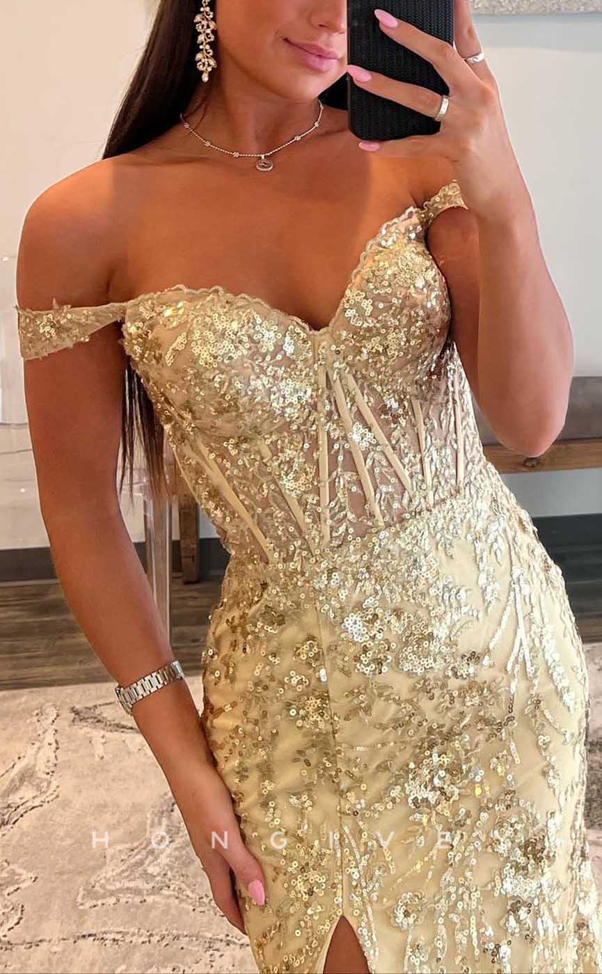 L2087 - Sexy Tulle A-Line Off-Shoulder Illusion Empire Sequined Appliques With Side Slit Party Prom Evening Dress - Fashionpara