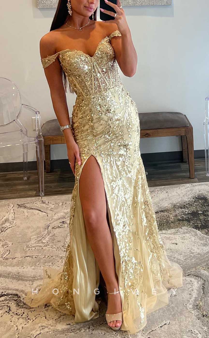 L2087 - Sexy Tulle A-Line Off-Shoulder Illusion Empire Sequined Appliques With Side Slit Party Prom Evening Dress - Fashionpara