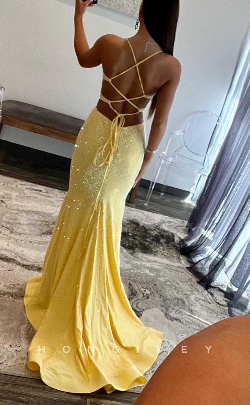 L2089 - Sexy Satin Trumpt V-Neck Spaghetti Straps Illusion Empire Beaded Party Prom Evening Dress - Fashionpara