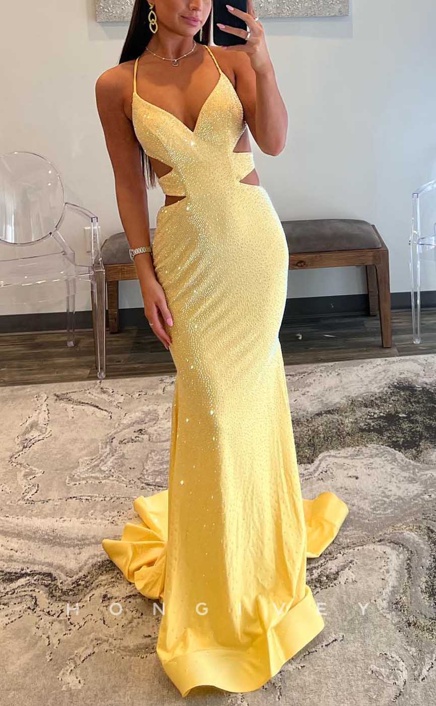 L2089 - Sexy Satin Trumpt V-Neck Spaghetti Straps Illusion Empire Beaded Party Prom Evening Dress - Fashionpara
